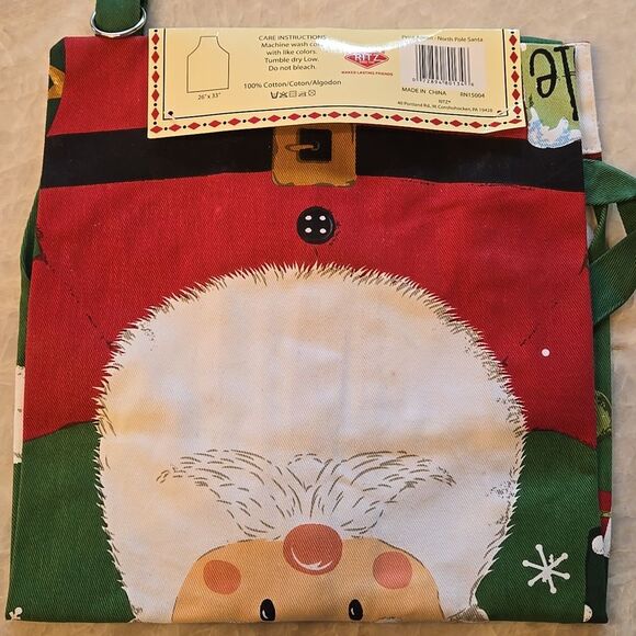 FESTIVE HOME HOLIDAY NORTH POLE SANTA APRON - Green and Red, NEW - Picture 3 of 5